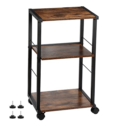 MOOACE Printer Stand, 3 Tier Under Desk Home Printer Cart on Wheels, Industrial Height Adjustable Wood Rolling Printer Table for Fax Machine, Scanner,Rustic Brown and Black