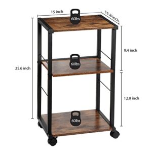 MOOACE Printer Stand, 3 Tier Under Desk Home Printer Cart on Wheels, Industrial Height Adjustable Wood Rolling Printer Table for Fax Machine, Scanner,Rustic Brown and Black