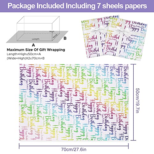 NEPOG Happy Birthday Wrapping Paper for Men Women Kids Boys Girls, Gradient Bright Color Birthday Gift Wrapping Paper, 7 Sheets Folded Flat 20x28 inches per Sheet for Birthday Occasion