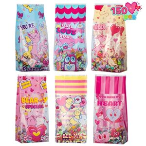 joyin 150 pcs valentine’s day cellophane gift bags, treat bags candy bag in 6 lovely designs for kids valentine party favor supplies, classroom gift exchange goodie bags