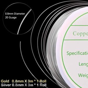 MIKIMIQI 2 Pack Jewelry Wire Craft Wire 20 Gauge Tarnish Resistant Jewelry Beading Wire Copper Beading Wire for Jewelry Making Supplies and Crafting, 0.8mm X 3m for Each Pack (Gold, Silver)