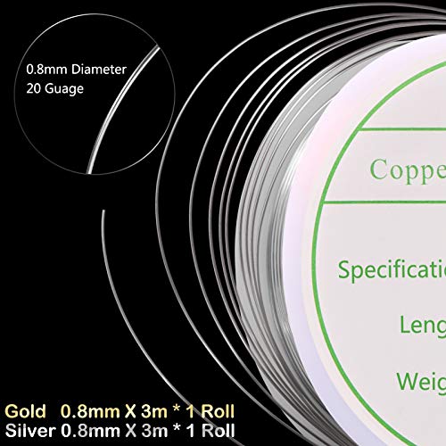 MIKIMIQI 2 Pack Jewelry Wire Craft Wire 20 Gauge Tarnish Resistant Jewelry Beading Wire Copper Beading Wire for Jewelry Making Supplies and Crafting, 0.8mm X 3m for Each Pack (Gold, Silver)