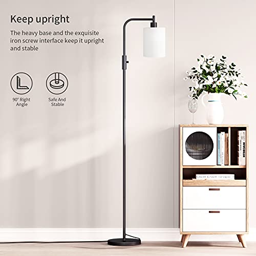 SUNMORY Industrial Floor Lamps for Living Room, Modern Floor Lamp with 3-Color Temperature LED Bulb, Tall Standing Lamp with White Frosted Hanging Glass Shade, Farmhouse Black Floor Lamp for Bedroom