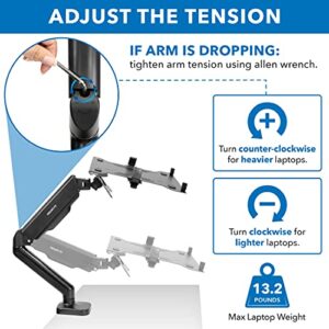 Mount-It! Laptop Desk Arm | Swivel Laptop Stand with Gas Spring Arm | Height Adjustable Laptop Arm Mount for MacBook, Dell, HP & 11-17 Inch Laptops