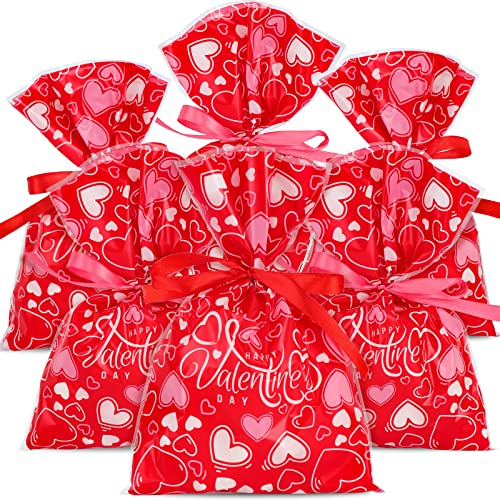 AnyDesign 100Pcs Valentine's Day Treat Bags Red Heart Candy Cellophane Bag 6 x 9 Inch Happy Valentine's Day Plastic Goody Bags with Red and Pink Ribbon for Valentine Party Favor Supplies Gift