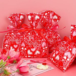 AnyDesign 100Pcs Valentine's Day Treat Bags Red Heart Candy Cellophane Bag 6 x 9 Inch Happy Valentine's Day Plastic Goody Bags with Red and Pink Ribbon for Valentine Party Favor Supplies Gift