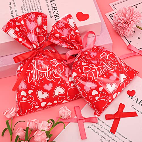 AnyDesign 100Pcs Valentine's Day Treat Bags Red Heart Candy Cellophane Bag 6 x 9 Inch Happy Valentine's Day Plastic Goody Bags with Red and Pink Ribbon for Valentine Party Favor Supplies Gift