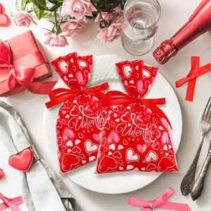 AnyDesign 100Pcs Valentine's Day Treat Bags Red Heart Candy Cellophane Bag 6 x 9 Inch Happy Valentine's Day Plastic Goody Bags with Red and Pink Ribbon for Valentine Party Favor Supplies Gift