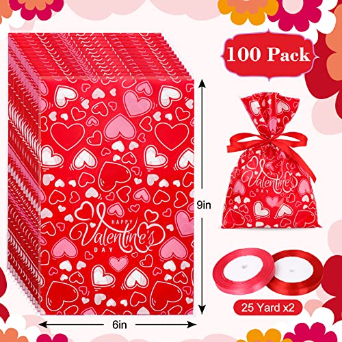 AnyDesign 100Pcs Valentine's Day Treat Bags Red Heart Candy Cellophane Bag 6 x 9 Inch Happy Valentine's Day Plastic Goody Bags with Red and Pink Ribbon for Valentine Party Favor Supplies Gift