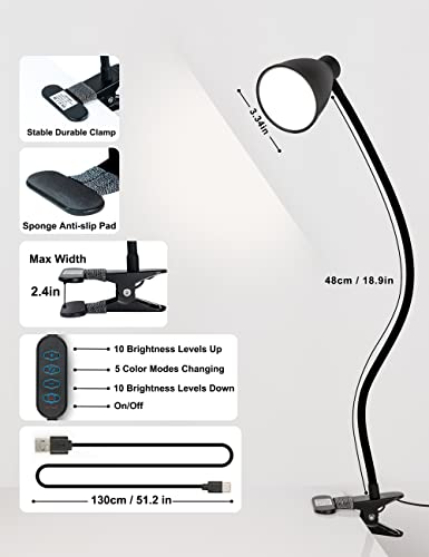 KAiSnova Clamp Lamp 3 Color Modes 10 Brightness Dimmer Clip on Light with Auto Off Timer 10W 38 LEDs Reading Lights for Books in Bed 360° Flexible Gooseneck Clamp Lights for Workshop Desk Headboard