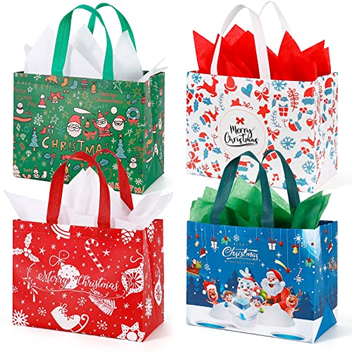Large Christmas Gift Bags with Tissue Paper,12 Pack Reusable Xmas Gift Bags With Handle Christmas Bag Bulk Non-Woven Holiday Gift Bags Christmas Treat Baskets Party Supplies 12.2" x 9.8" x 4.5"