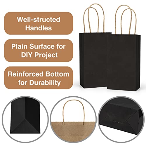 Poever Small Kraft Paper Bags 25 Pack Mini Black Paper Bags 3.5x2.4x6.7 Small Gift Bags with Handles Bulk for Party Favor Small Business