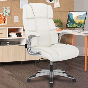 kcream office chair with flip-up armrests, executive chair swivel rolling pu leather chair home office desk chairs with wheels and memory foam back support, comfy chair 300lb weight capacity (white)