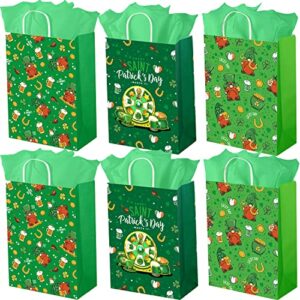 sperpand 24 pcs st. patrick’s day gift bags with 24 tissues, paper goodie favor bags with handles, green clover shamrock bags patrick day party accessories (3 styles)