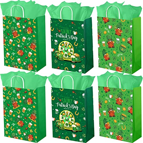 SPERPAND 24 Pcs St. Patrick's Day Gift Bags with 24 Tissues, Paper Goodie Favor Bags with Handles, Green Clover Shamrock Bags Patrick Day Party Accessories (3 styles)