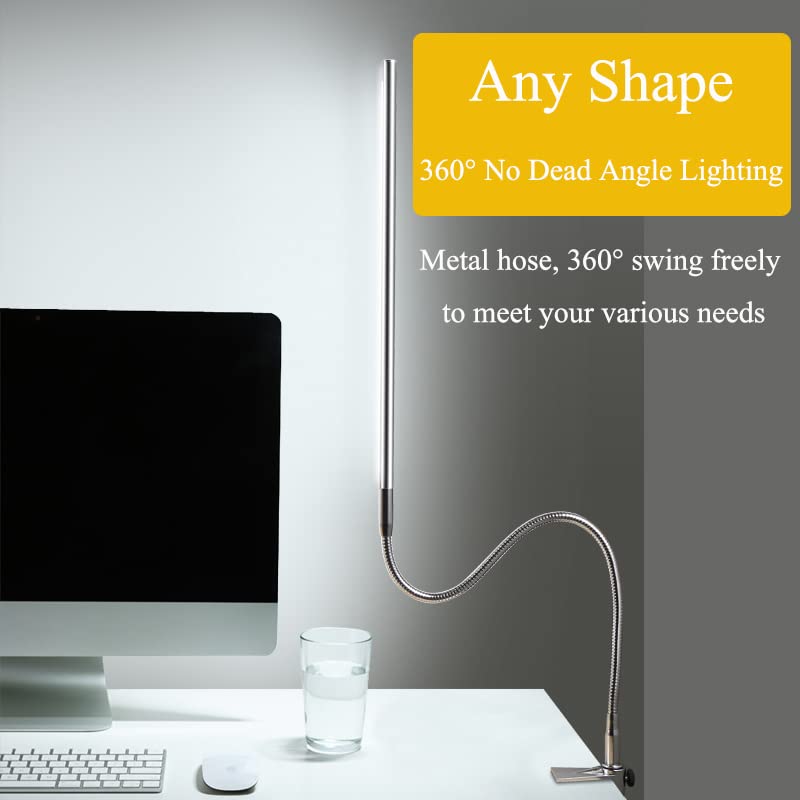 Brokimis USB LED Desk Lamp with Clamp 8 - 12W Adjustable Brightness Eye Care GooseNeck 360° Swivel Nail Desk Light with Adapter for Manicure Reading Eyebrow Trimming Office Tattoo Silver