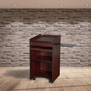 OEF Furnishings Mobile Floor Lectern with Side Shelf And Keyboard Tray, Mahogany