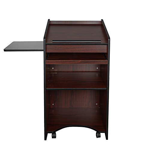 OEF Furnishings Mobile Floor Lectern with Side Shelf And Keyboard Tray, Mahogany