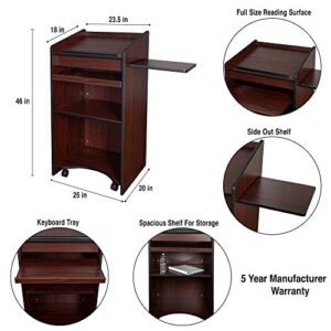 OEF Furnishings Mobile Floor Lectern with Side Shelf And Keyboard Tray, Mahogany