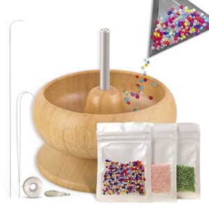 the hobbyworker fourth generation wooden bead spinner with aluminum triangle bead sorting tray,cotton thread,3 bags seed beads and beading needles for jewelry making kit