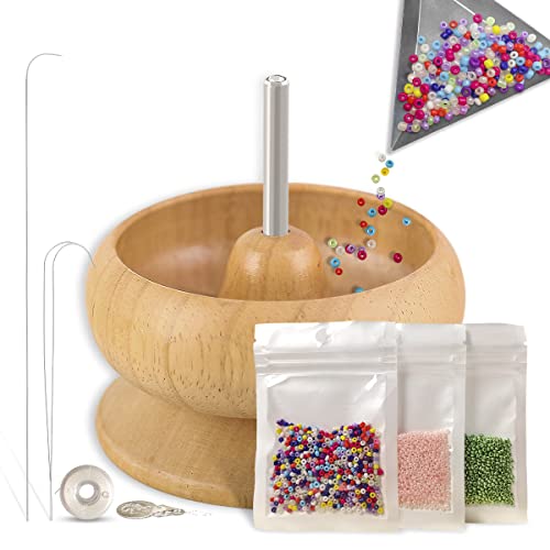 The Hobbyworker Fourth Generation Wooden Bead Spinner with Aluminum Triangle Bead Sorting Tray,Cotton Thread,3 Bags Seed Beads and Beading Needles for Jewelry Making Kit