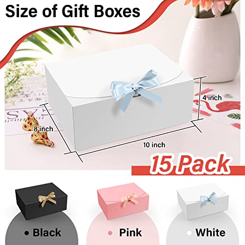 PEKGRIL 15 PCs Gift Boxes with Lids, White 10X8X4 Inch Gift Boxes, Bridesmaid Proposal Box with Ribbon, Kraft Paper Boxes for Wedding, Packaging, Present, Birthday, Christmas, Party