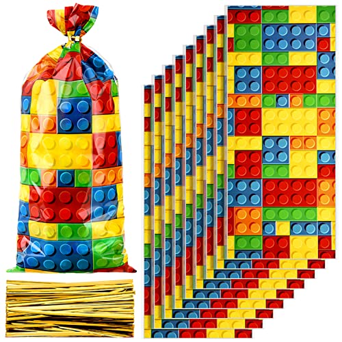 100 Pieces Building Blocks Cellophane Bags Plastic Treat Favor Bag with 200 Gold Twist Ties for Kids Building Brick Block Themed Birthday Party Supplies Decorations