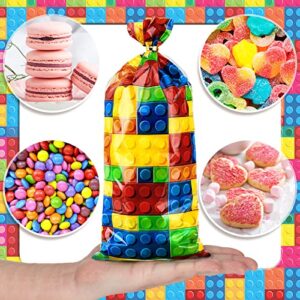 100 Pieces Building Blocks Cellophane Bags Plastic Treat Favor Bag with 200 Gold Twist Ties for Kids Building Brick Block Themed Birthday Party Supplies Decorations