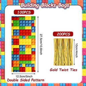 100 Pieces Building Blocks Cellophane Bags Plastic Treat Favor Bag with 200 Gold Twist Ties for Kids Building Brick Block Themed Birthday Party Supplies Decorations