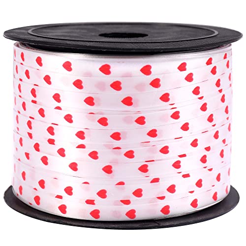 Love Red Ribbon for Valentines Day - 100 Yards, Red Heart Ribbon for Crafts, Red And White Ribbon With Hearts | Valentine Ribbons for Crafts | Romantic Decorations Special Night | Heart Curling Ribbon