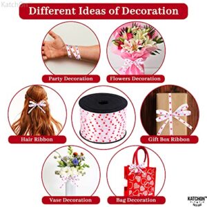 Love Red Ribbon for Valentines Day - 100 Yards, Red Heart Ribbon for Crafts, Red And White Ribbon With Hearts | Valentine Ribbons for Crafts | Romantic Decorations Special Night | Heart Curling Ribbon