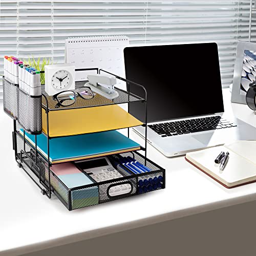 Hiaksedt Desk Organizers 4-Trays Desk File Organizers with 2 Hanging Pen Holders and Drawer,Paper Organizer for Desktop and Storage,Mesh Metal Office Supplies for Home Office