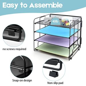 Hiaksedt Desk Organizers 4-Trays Desk File Organizers with 2 Hanging Pen Holders and Drawer,Paper Organizer for Desktop and Storage,Mesh Metal Office Supplies for Home Office