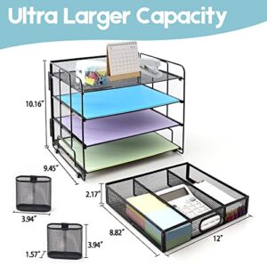 Hiaksedt Desk Organizers 4-Trays Desk File Organizers with 2 Hanging Pen Holders and Drawer,Paper Organizer for Desktop and Storage,Mesh Metal Office Supplies for Home Office