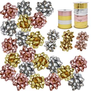 30 self adhesive christmas bows with 8 rolls of holiday curling ribbon rolls matte and metallic gold silver and rose gold bows in 3 assorted sizes for packages & presents gift wrapping decorations