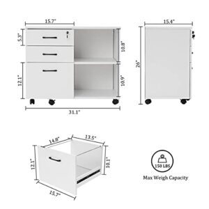 Panana Wood File Cabinet, 3 Drawer Mobile Lateral Filing Cabinet on Wheels, Printer Stand with Open Storage Shelves for Home Office (White)