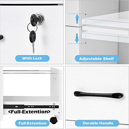 Panana Wood File Cabinet, 3 Drawer Mobile Lateral Filing Cabinet on Wheels, Printer Stand with Open Storage Shelves for Home Office (White)