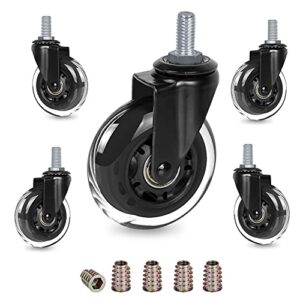 8T8 3" Office Chair Caster Wheels Heavy Duty, Set of 5, 3/8"-16x1" (Not Metric M10), Threaded Stem Casters with Set Screw, Replacement PU Rubber Wheels, Safe for Hardwood Tile Floors