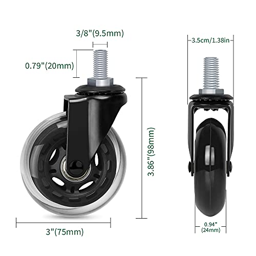 8T8 3" Office Chair Caster Wheels Heavy Duty, Set of 5, 3/8"-16x1" (Not Metric M10), Threaded Stem Casters with Set Screw, Replacement PU Rubber Wheels, Safe for Hardwood Tile Floors