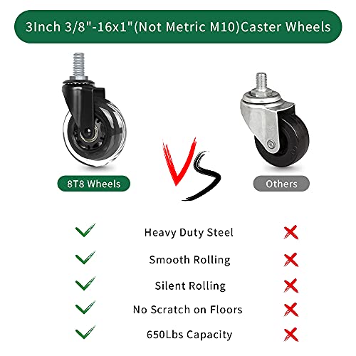 8T8 3" Office Chair Caster Wheels Heavy Duty, Set of 5, 3/8"-16x1" (Not Metric M10), Threaded Stem Casters with Set Screw, Replacement PU Rubber Wheels, Safe for Hardwood Tile Floors