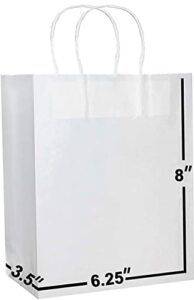[100 bags] 6.25×3.5×8. kraft paper gift bags with handles bulks. ideal for shopping, packaging, retail, party, craft, gifts, wedding, recycled, business, goody and merchandise bag (white)