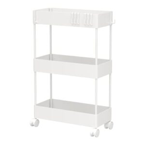 caxxa 3 tier slim mobile utility cart rolling cart ,plastic basket storage organizer, for kitchen laundry bathroom living room narrow place slide out storage cart with casters (white, 15.75lx7w)