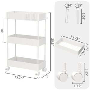 CAXXA 3 Tier Slim Mobile Utility Cart Rolling Cart ,Plastic Basket Storage Organizer, for Kitchen Laundry Bathroom Living Room Narrow Place Slide Out Storage Cart with Casters (White, 15.75Lx7W)