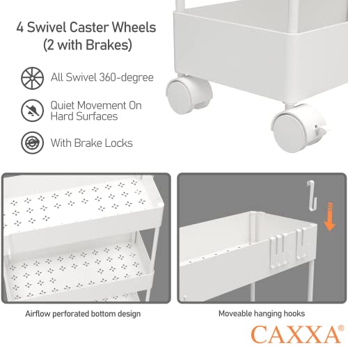 CAXXA 3 Tier Slim Mobile Utility Cart Rolling Cart ,Plastic Basket Storage Organizer, for Kitchen Laundry Bathroom Living Room Narrow Place Slide Out Storage Cart with Casters (White, 15.75Lx7W)