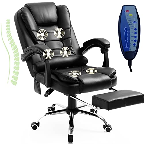 Massage Office Chair, Reclining Office Chair with Footrest, High-Back Massaging Office Chair, PU Leather Executive Swivel Computer Desk Chair with Height and Armrest Adjustable, 280 lb Capacity, Black