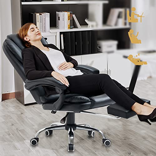 Massage Office Chair, Reclining Office Chair with Footrest, High-Back Massaging Office Chair, PU Leather Executive Swivel Computer Desk Chair with Height and Armrest Adjustable, 280 lb Capacity, Black