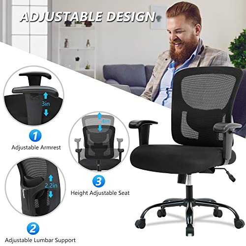 BestOffice 400lbs Wide Seat Desk Computer Lumbar Support Adjustable Arms Task Rolling Swivel Mesh Executive High Back Ergonomic Chair for Adults Women, Black