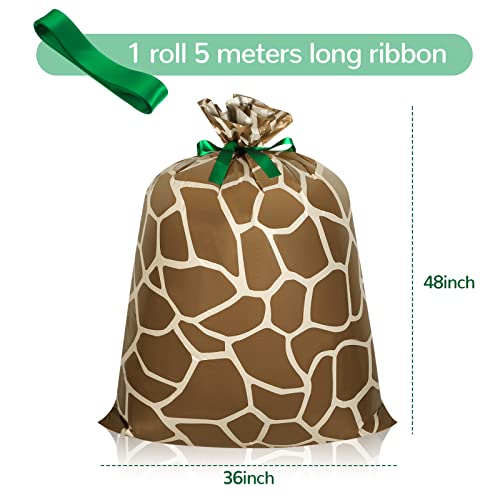 Outus 4 Pieces 48 Inch Jungle Animal Safari Theme Jumbo Plastic Gift Bags Extra Large Giant Wrapping Bags with Ribbon for Jungle Safari Woodland Themed Birthday Party Baby Shower Decorations