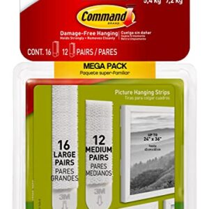 Command Medium and Large Picture Hanging Strips, Damage Free Hanging Picture Hangers, No Tools Wall Hanging Strips for Living Spaces, 12 Medium Pairs and 16 Large Pairs (Pack of 1)