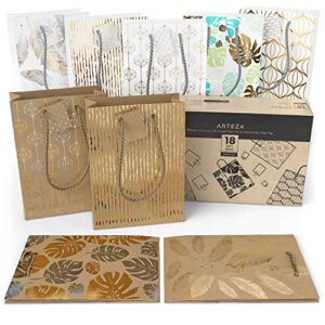 ARTEZA Gift Bags 9.5”x7”x3.4”, Set of 18pcs (9 Mixed Designs, 2 pcs Each Design), Perfect for Any Holiday Occasion, Graduations, Birthday Parties and More!